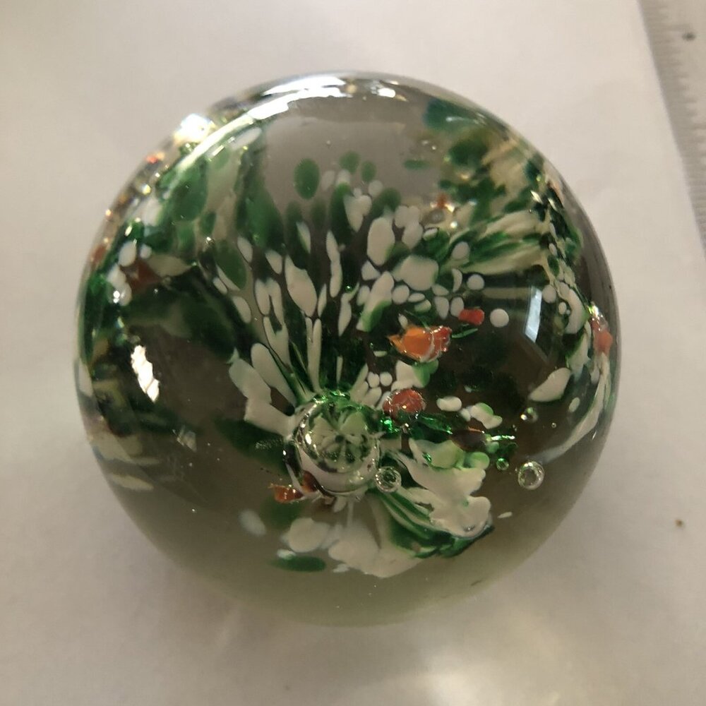 Round Green White Orange Floral Paperweight bubbles with small chip Art glass?